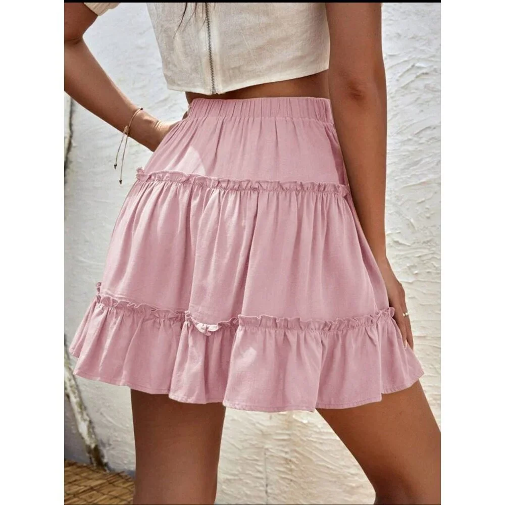 Tiered ruffle mini skirt elastic waist boho black - Picture 6 of 6